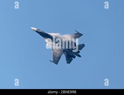 Moscow Russia Zhukovsky Airfield 31 August 2019: aerobatic Su-30 perfoming demonstration flight of the international aerospace salon MAKS-2019. Stock Photo