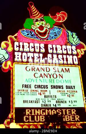 Archive image, taken in 1990's, of a neon sign advertisement for Circus Circus, a hotel and casino in Las Vegas, USA. Breakfast was $2.99 and dinner $4.99 Stock Photo