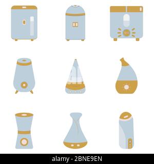 Humidifier set. Aromatherapy for the home and a modern, useful air purifier. Vector colorful illustration in cartoon style flat Stock Vector