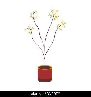 Potted plant, decorative tree with long twigs. Single flat illustration vector Stock Vector
