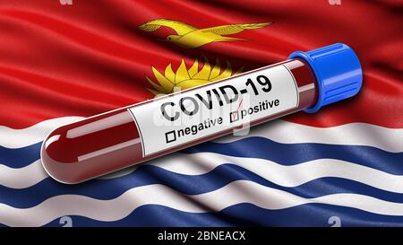 Flag of Kiribati waving in the wind with a positive Covid-19 blood test tube. Stock Photo