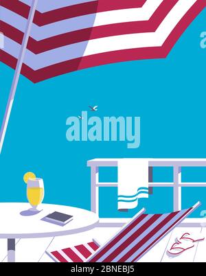 Swimming pool in seashore resort flat color vector. Blue ocean scenic view pop art retro poster. Holiday vacation season sea travel leisure. Stock Vector