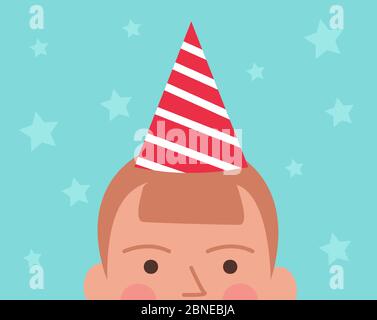 Vector illustration of half head of boy in birthday cap, stars on the background Stock Vector