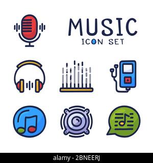Hand drawn cartoon Set of Music Audio Related Vector Line Icons. Contains such Icons as Note, Disc, Microphone and more. Stock Vector