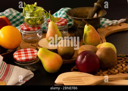Retro still life with wine, cheese and fruits. Stock Photo