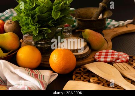 Retro still life with wine, cheese and fruits. Stock Photo