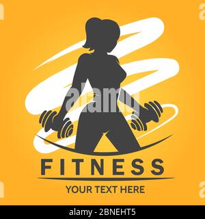 Fitness Club or Center Logo with silhouettte of woman lifting weights. Vector illustration. Stock Vector