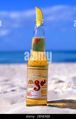 Bottle of 'Sol' beer sitting in sand, North Beach, Isla Mujeres, Quintana Roo, Mexico Stock Photo