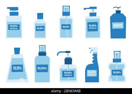 alcohol liquid, pump spray bottle / medical disinfection, antiseptic, 75% ethanol disinfectant solution, health care / flat, isolated, circle, sign an Stock Vector