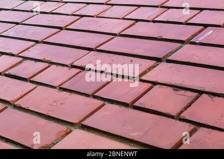Red brick wall perspective view. block pattern texture background. Stock Photo