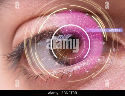 The concept of sensor implanted into human eye Stock Photo