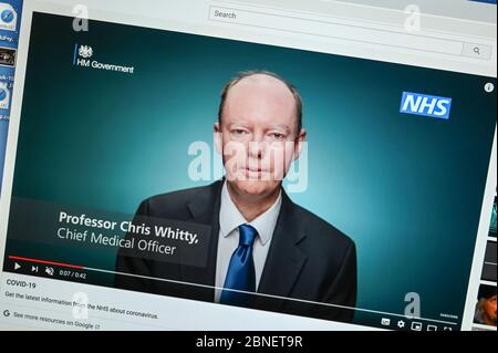 Professor Chris Whitty, UK Chief Medical Officer, in a public information advert regarding coronavirus. Stock Photo
