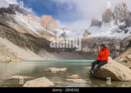 Female hiker at Torres del Paine National Park, Patagonia Stock Photo