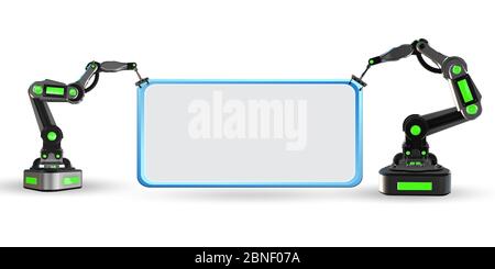 Blank poster supported by the robotic arms Stock Photo