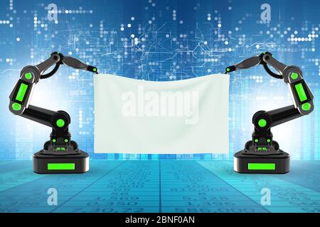 Blank poster supported by the robotic arms Stock Photo