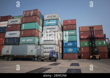 Containers are arrayed waiting to be delivered by cargo vessels at a port, Wuhan city, central China's Hubei province, 30 April 2020. *** Local Captio Stock Photo