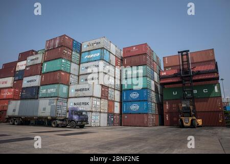 Containers are arrayed waiting to be delivered by cargo vessels at a port, Wuhan city, central China's Hubei province, 30 April 2020. *** Local Captio Stock Photo