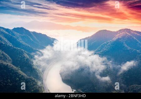 Aerial view of Meikou section of Ning Jing Yan Expressway in Guanxia Village in Shaoyang city, south China's Hunan province, 9 April 2020. Stock Photo