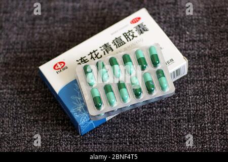 In this unlocated photo, a box of Lianhua Qingwen capsule is seen, 14 April 2020. Lianhua Qingwen capsule/capsule is a patented new drug for treating Stock Photo