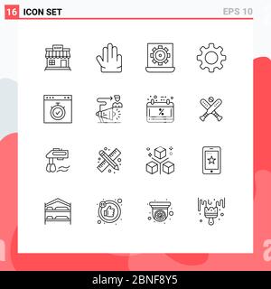 Mobile Interface Outline Set of 16 Pictograms of browser, set, computer, cog, setting Editable Vector Design Elements Stock Vector