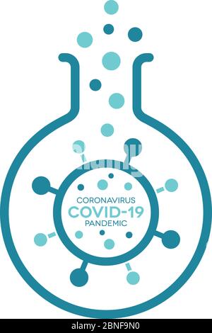 Covid-19 lettering laboratory testing icon. Chemistry beaker and Coronavirus symbol. Stock Vector