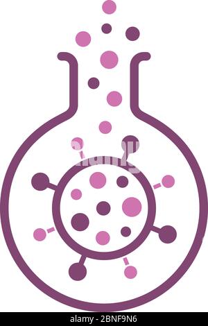 Chemistry beaker symbol with virus. Coronavirus Covid-19 laboratory testing icon. Stock Vector