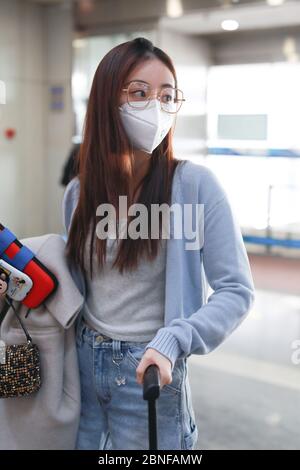 Chinese actress Zhu Xudan（Bambi Zhu）appears in one of the airports in Beijing, China, 9th April, 2020.(Bag: Alexander Wang) Stock Photo