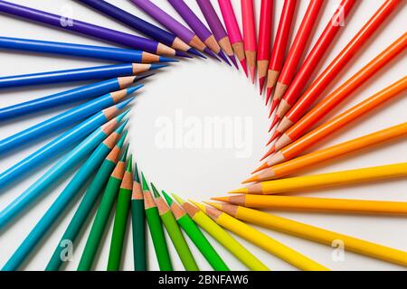 Many different colored pencils on white background Stock Photo