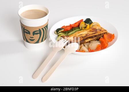 In this unlocated photo, newly launched vegan products made of a kind of plant-based meat, which makes debut at breakfast menu of Starbucks, are seen, Stock Photo