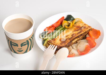 In this unlocated photo, newly launched vegan products made of a kind of plant-based meat, which makes debut at breakfast menu of Starbucks, are seen, Stock Photo