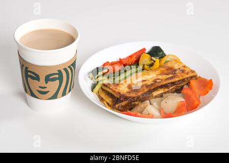 In this unlocated photo, newly launched vegan products made of a kind of plant-based meat, which makes debut at breakfast menu of Starbucks, are seen, Stock Photo