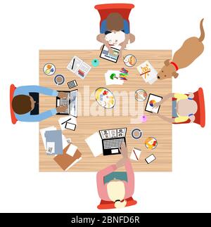 Family work learn from home at table with cat and dog social distancing during coronavirus covid-19 quarantine lockdown Stock Vector