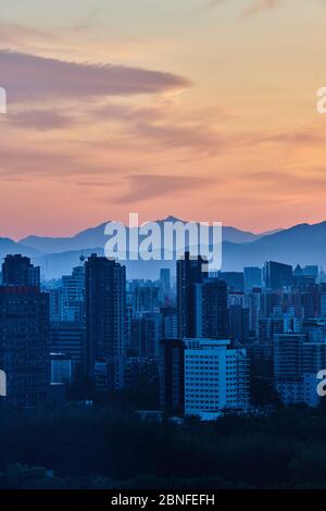 Beijing landmarks, including the China Zun, stand to form a skyline at sunset, Beijing, China, 17 April 2020. *** Local Caption *** fachaoshi Stock Photo