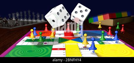 Fantasy red, blue, yellow and green board game chips with feet and hands walking on the board, while two chips throw the dice in the middle of the gam Stock Photo