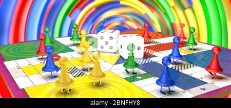 Fantasy red, blue, yellow and green board game chips with feet and hands walking on the board with two dice in the middle on a background of unfocused Stock Photo