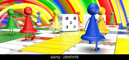 Close up view of fantasy red, blue, yellow and green board game chips with feet and hands walking on the board with two dice in the middle on a backgr Stock Photo