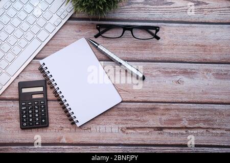 high angle view of office suppliers on desk  Stock Photo