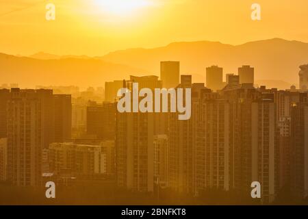 Beijing landmarks, including the China Zun, stand to form a skyline at sunset, Beijing, China, 17 April 2020. *** Local Caption *** fachaoshi Stock Photo