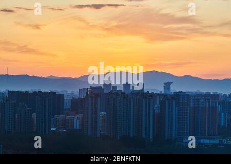 Beijing landmarks, including the China Zun, stand to form a skyline at sunset, Beijing, China, 17 April 2020. *** Local Caption *** fachaoshi Stock Photo