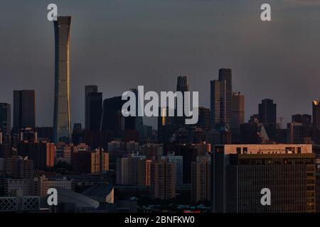 Beijing landmarks, including the China Zun, stand to form a skyline at sunset, Beijing, China, 17 April 2020. *** Local Caption *** fachaoshi Stock Photo