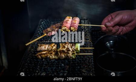 Chef cooking inside izakaya Japanese bar in Tokyo. Traditional meat skewers being charcoal grilled in a barbecue. Japan at street food vendor market. Stock Photo