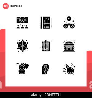 9 Thematic Vector Solid Glyphs and Editable Symbols of mark, check, game, web, data Editable Vector Design Elements Stock Vector