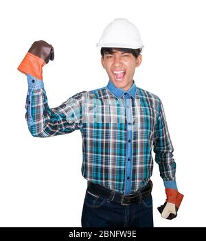 Engineering hand fist symbol wear shirt blue and glove leather. head helmet plastic on white background Stock Photo