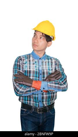 Engineer construction man thinking wear Striped shirt blue and glove leather with yellow safety helmet plastic On head white background Stock Photo