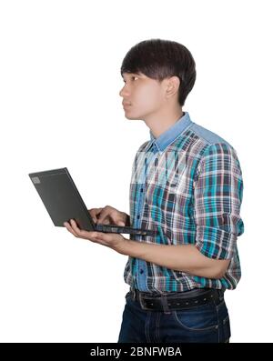 businessman handsome young using Laptop computer on white background Stock Photo