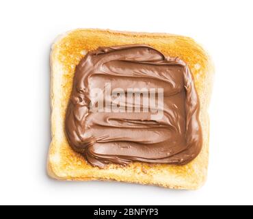 Toast bread with hazelnut spread. Sweet chocolate cream isolated on white background. Stock Photo