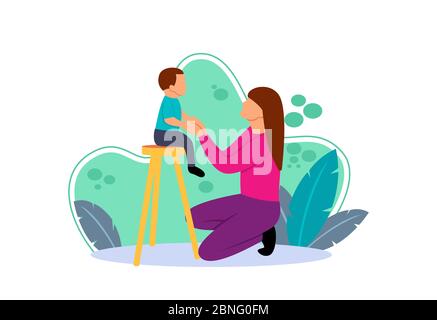 Flat illustration of a young mother playing with her son sitting on a chair. flat cartoon character with the concept of mother and child love. Stock Vector