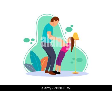 Flat illustration of a dad playing with his little daughter. flat cartoon character with the concept of affection father and daughter. Have free time Stock Vector
