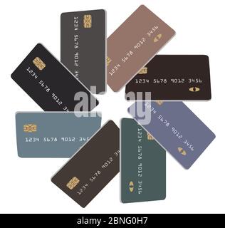 Credit cards, eight of them are arranged in a circular formation with an eight pointed star in the middle. They are generic, mock, safe for publicatio Stock Vector