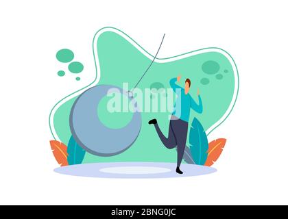 Flat illustration of a boy running from a big ball falling. Flat cartoon characters with the concept of running away from a big problem. Stock Vector